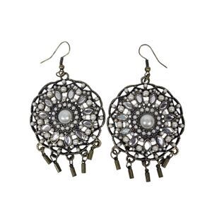 Gold Tone Faux Pearl Rhinestone Statement Tassel Circle Drop Dangle Earrings